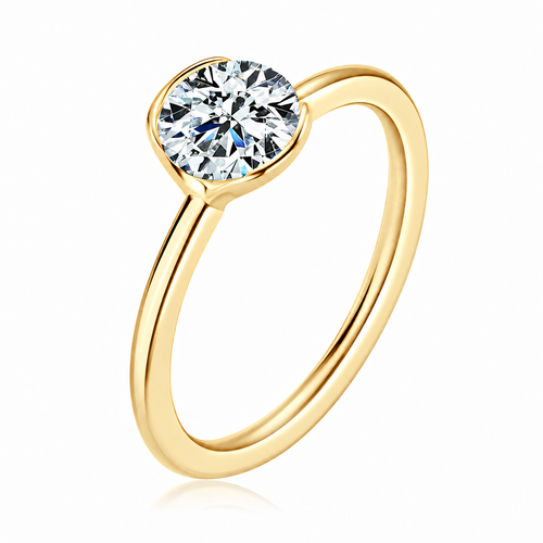 Astrea gold-tone moissanite solitaire ring — studio three-quarter; AI-enhanced supplier view