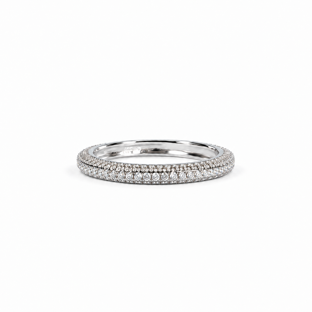 The Klint CZ Pavé Band — side-profile rotation view in a seamless white studio with soft shadow; studio edit and AI enhancement of the existing AI-enhanced supplier view.