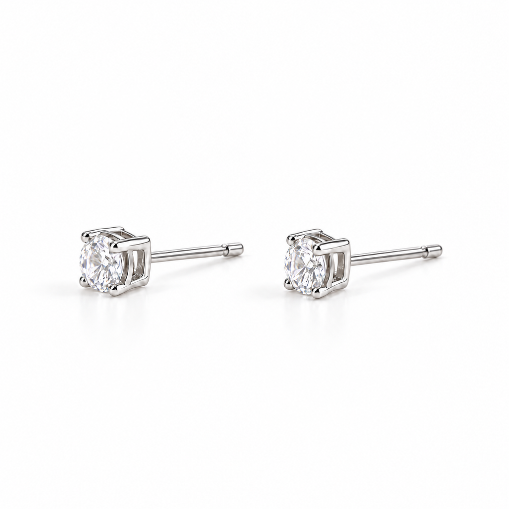 The Neva CZ Stud Earrings — silver-tone side-profile pair view in a white studio with soft contact shadows; studio edit and AI enhancement of the existing reference-based AI visualization.