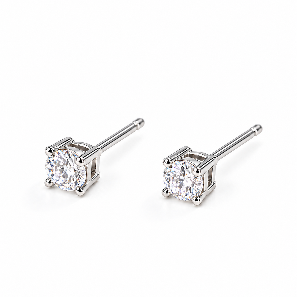 The Neva CZ Stud Earrings — silver-tone rear three-quarter pair view in a white studio with soft contact shadows; studio edit and AI enhancement of the existing reference-based AI visualization.