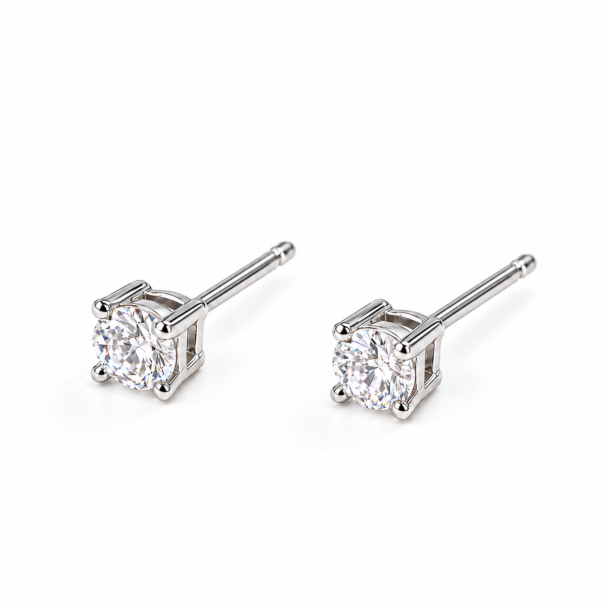 The Neva CZ Stud Earrings — silver-tone rear three-quarter pair view in a white studio with soft contact shadows; studio edit and AI enhancement of the existing reference-based AI visualization.