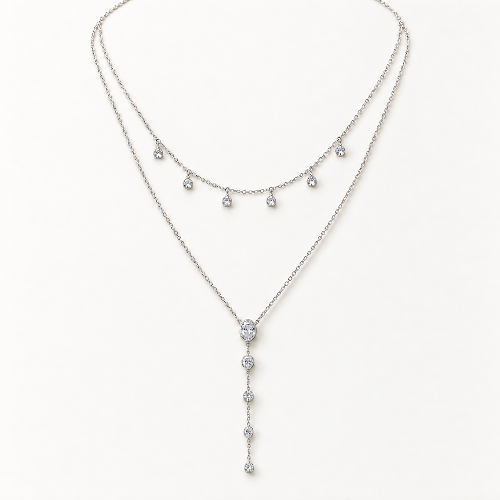 The Lyra Y-Drop Lariat — Silver full relaxed-drape view; reference-based AI visualization