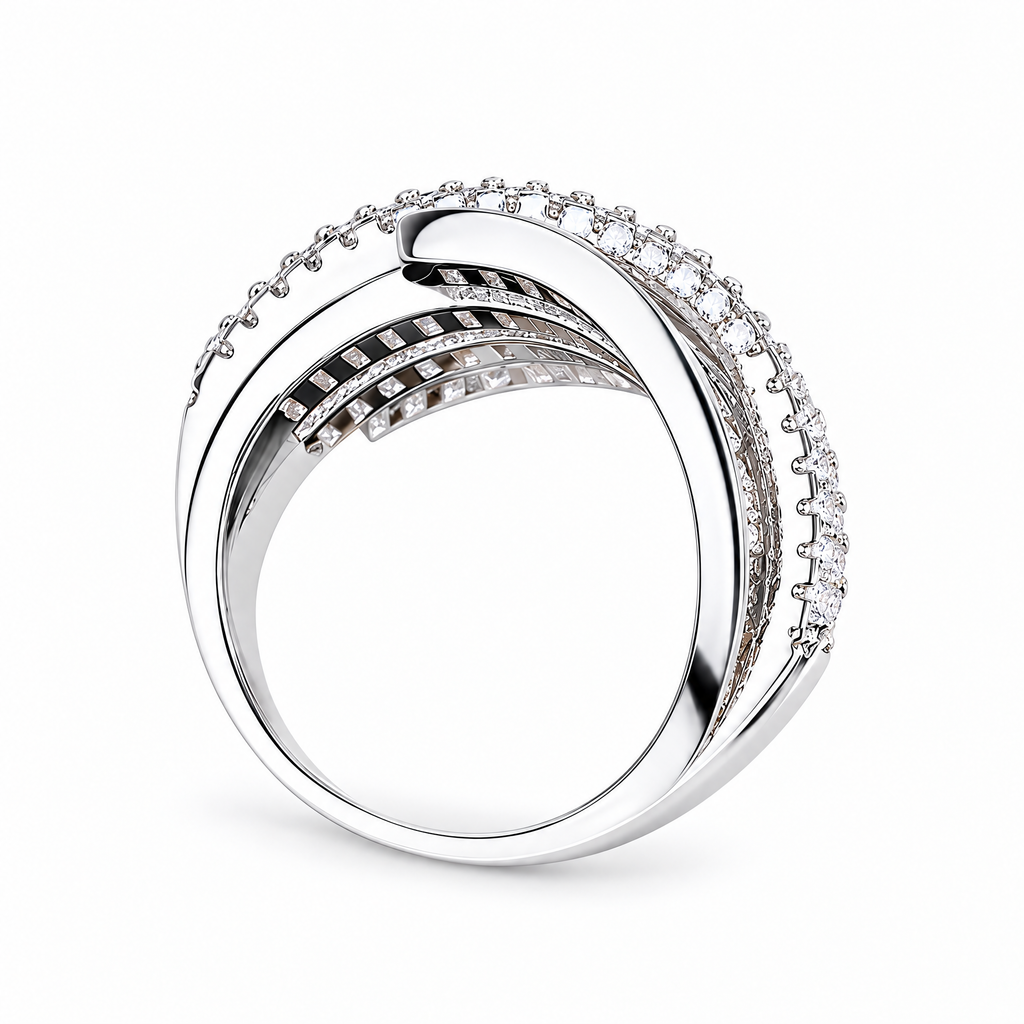 White-finish interwoven ring with white zircon stones, shown upright from the reverse side in a pure-white studio with a soft contact shadow; AI studio edit and enhancement of the existing supplier view, not independently photographed jewelry.