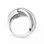 White-finish interwoven ring with white zircon stones, shown upright from the reverse side in a pure-white studio with a soft contact shadow; AI studio edit and enhancement of the existing supplier view, not independently photographed jewelry.