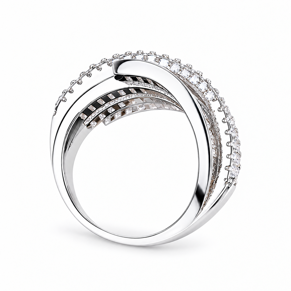 White-finish interwoven ring with white zircon stones, shown upright from the reverse side in a pure-white studio with a soft contact shadow; AI studio edit and enhancement of the existing supplier view, not independently photographed jewelry.