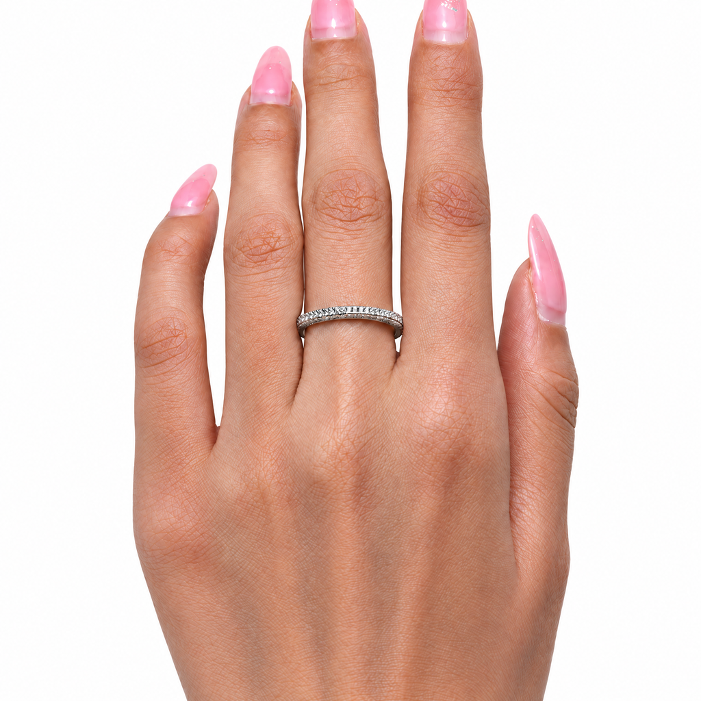 The Klint CZ Pavé Band — on-hand wear view in a seamless white studio; studio edit and AI enhancement of the existing AI-enhanced supplier view.