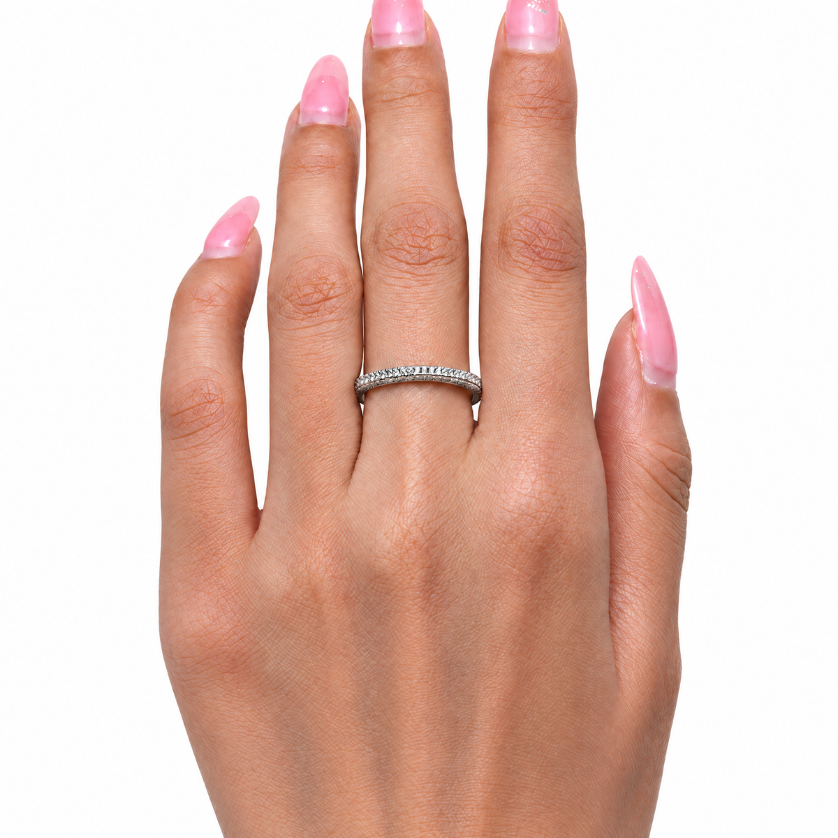 The Klint CZ Pavé Band — on-hand wear view in a seamless white studio; studio edit and AI enhancement of the existing AI-enhanced supplier view.