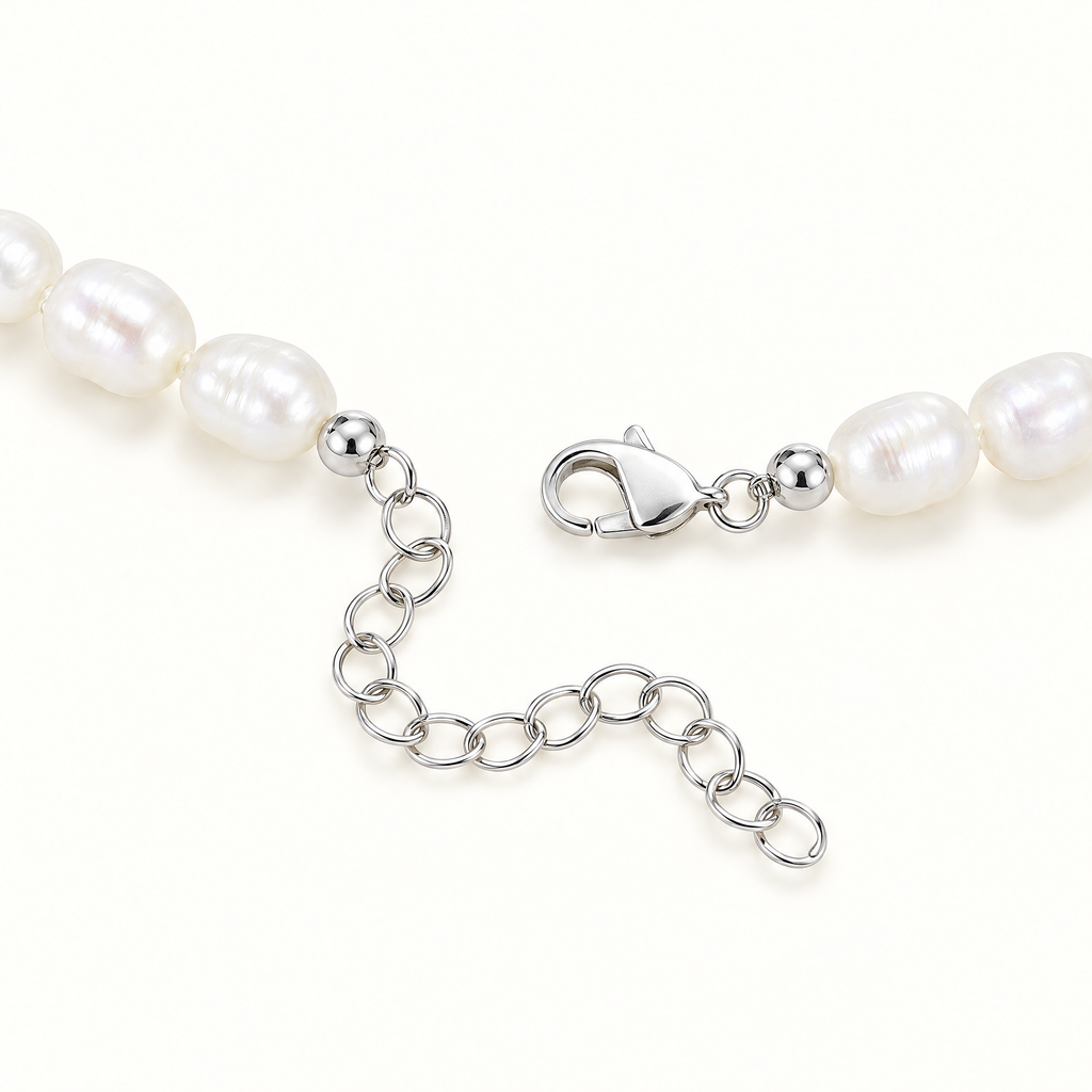 The Vesper Freshwater Pearl Strand — Reference-based clean clasp-and-pearl detail; reference-based AI visualization
