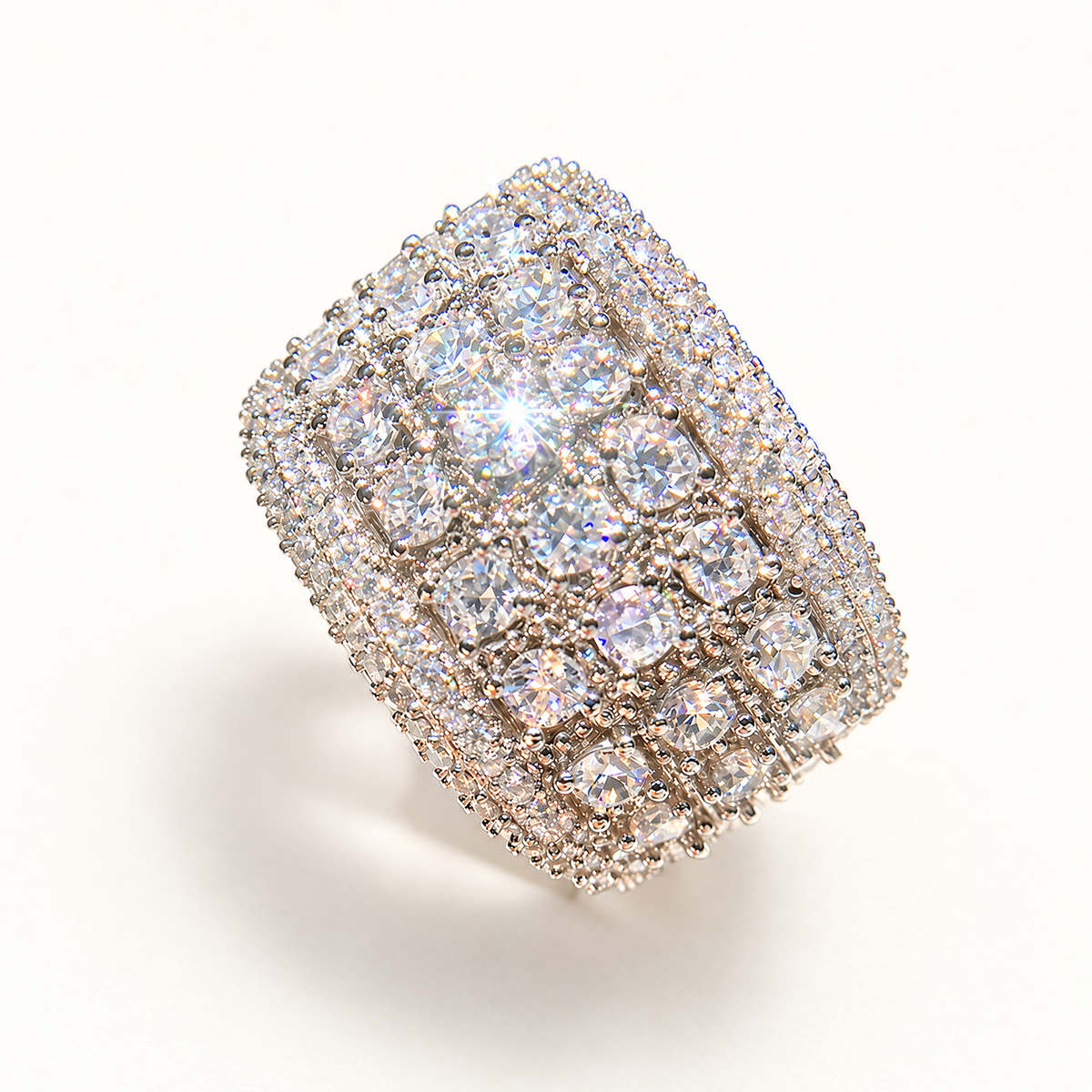 The Solis Dome Ring — upright angled pavé face; AI-enhanced supplier view