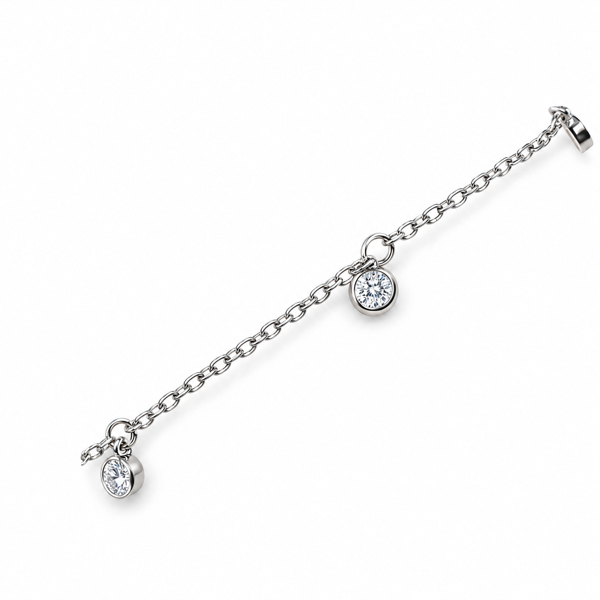 Silver Tone moissanite station bracelet visible chain and round bezel detail on a white studio background.