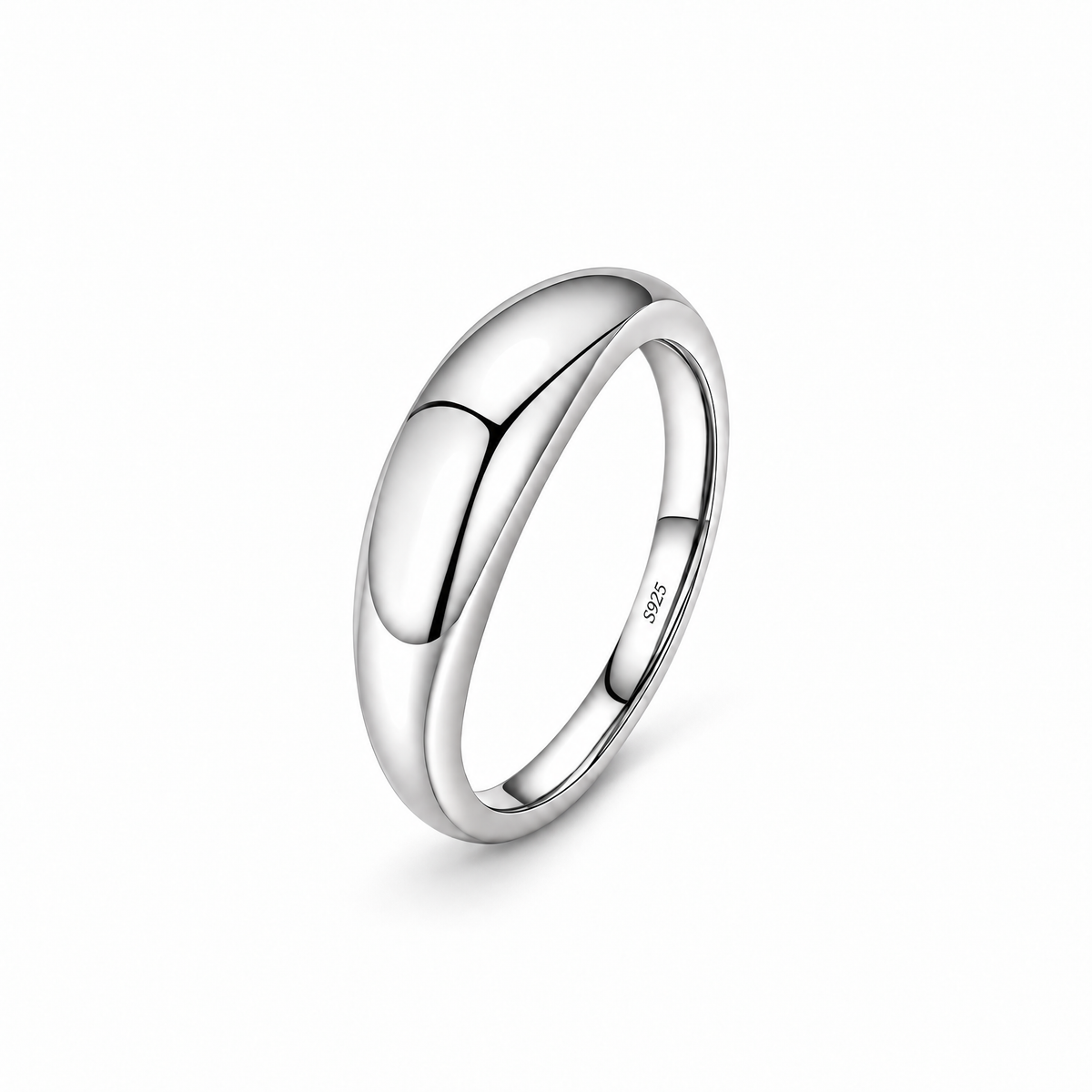 AI-restyled studio edit and enhancement of the inherited existing view: polished silver smooth dome Norden Plain Band Ring, upright with visible S925 hallmark, on a pure-white studio background with a soft contact shadow.