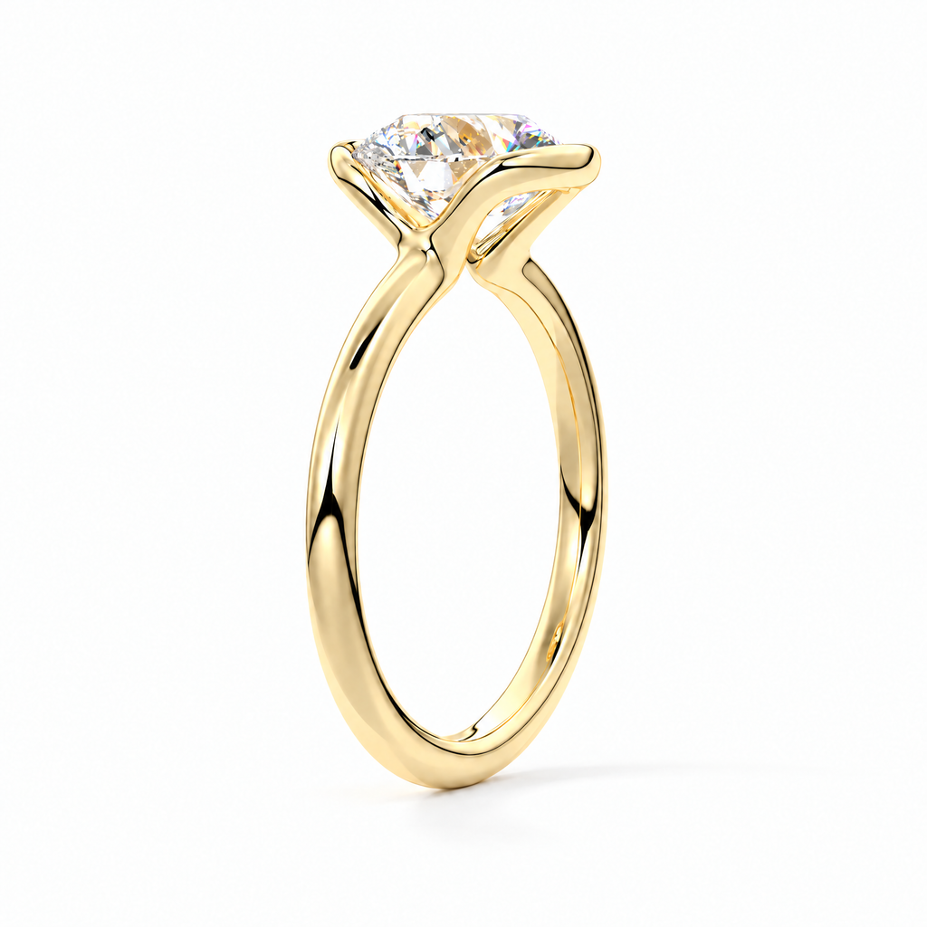 Astrea gold-tone moissanite solitaire ring — studio side profile; AI-enhanced supplier view