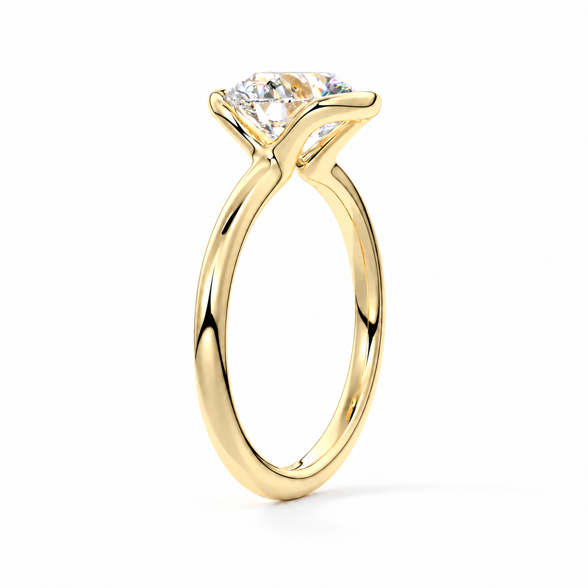 Astrea gold-tone moissanite solitaire ring — studio side profile; AI-enhanced supplier view