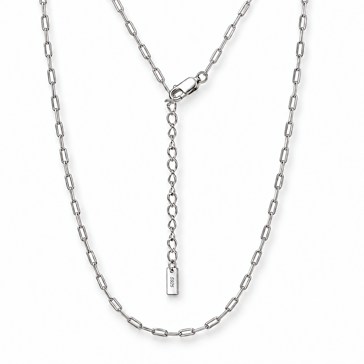 Tova silver-tone dainty paperclip chain necklace with clasp, extender, and S925 tag in a white studio treatment; AI enhancement of the existing supplier-photo restyle view, not an independent jewelry photograph.