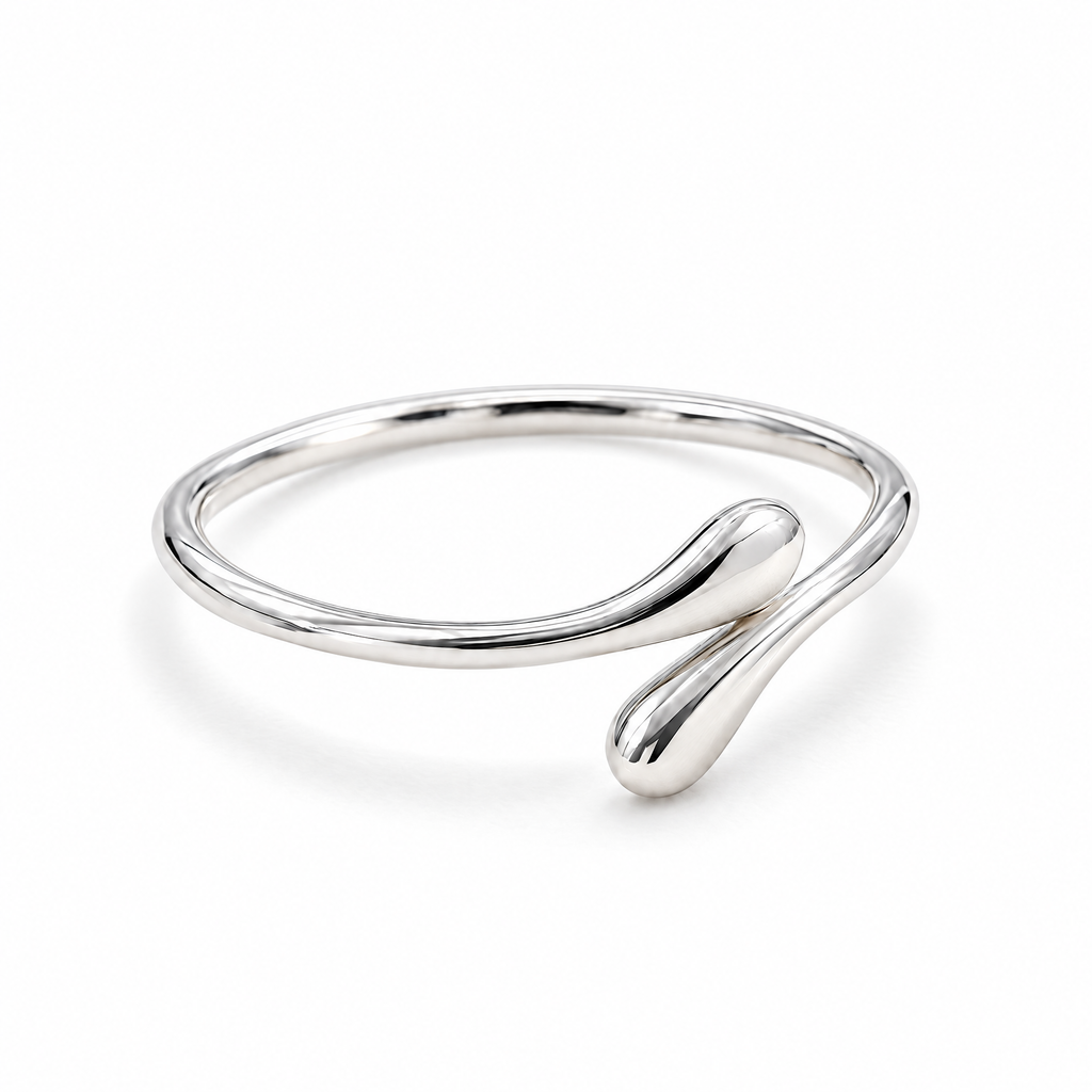 The Nova Open Geometric Band — polished silver-tone shallow side white-studio view with soft natural shadow; inherited reference-based AI visualization, studio edit and enhancement of the existing view.
