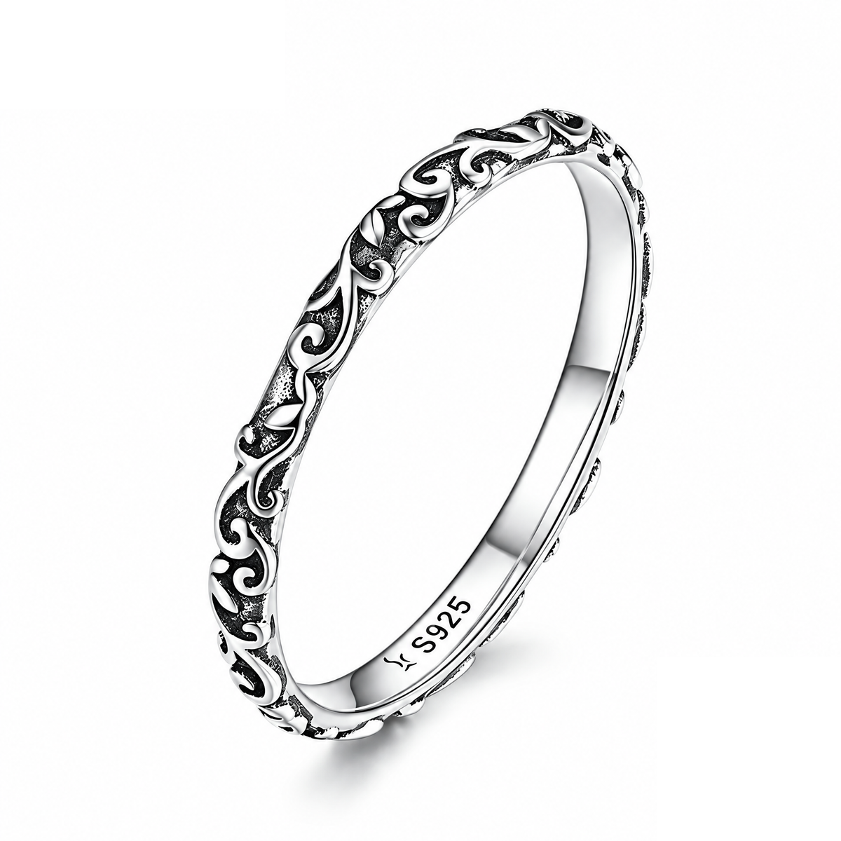 Product macro of the Sterling Silver engraved scroll band with its S925 inner-band mark visible.
