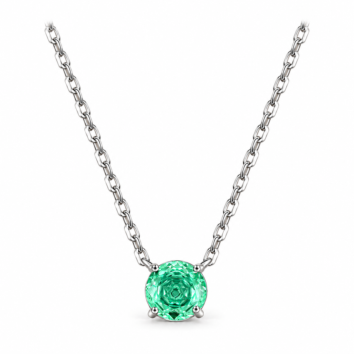 Sterling Silver necklace with a round green rose-cut zirconia pendant in a four-prong setting, full-product view with partial linked chain, on a seamless white studio background with a soft contact shadow. Studio edit and AI enhancement of the existing view; not independently photographed jewelry.