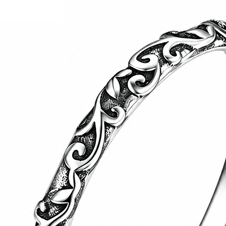 Sterling Silver engraved vine band — macro detail crop.
