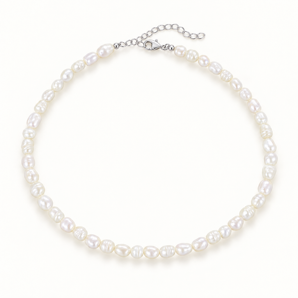 The Vesper Freshwater Pearl Strand — Reference-based clean overhead full-strand alternate view; reference-based AI visualization