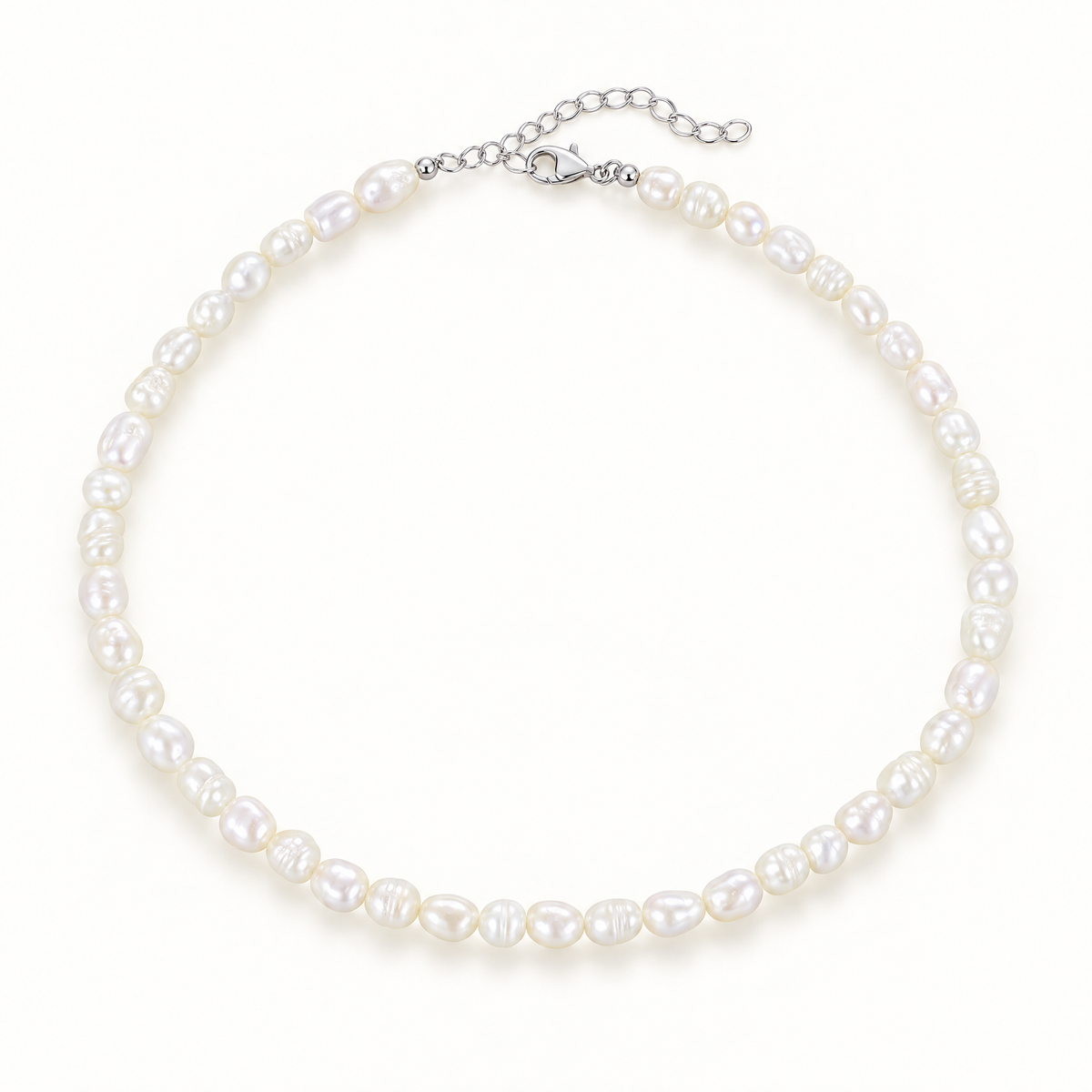 The Vesper Freshwater Pearl Strand — Reference-based clean overhead full-strand alternate view; reference-based AI visualization