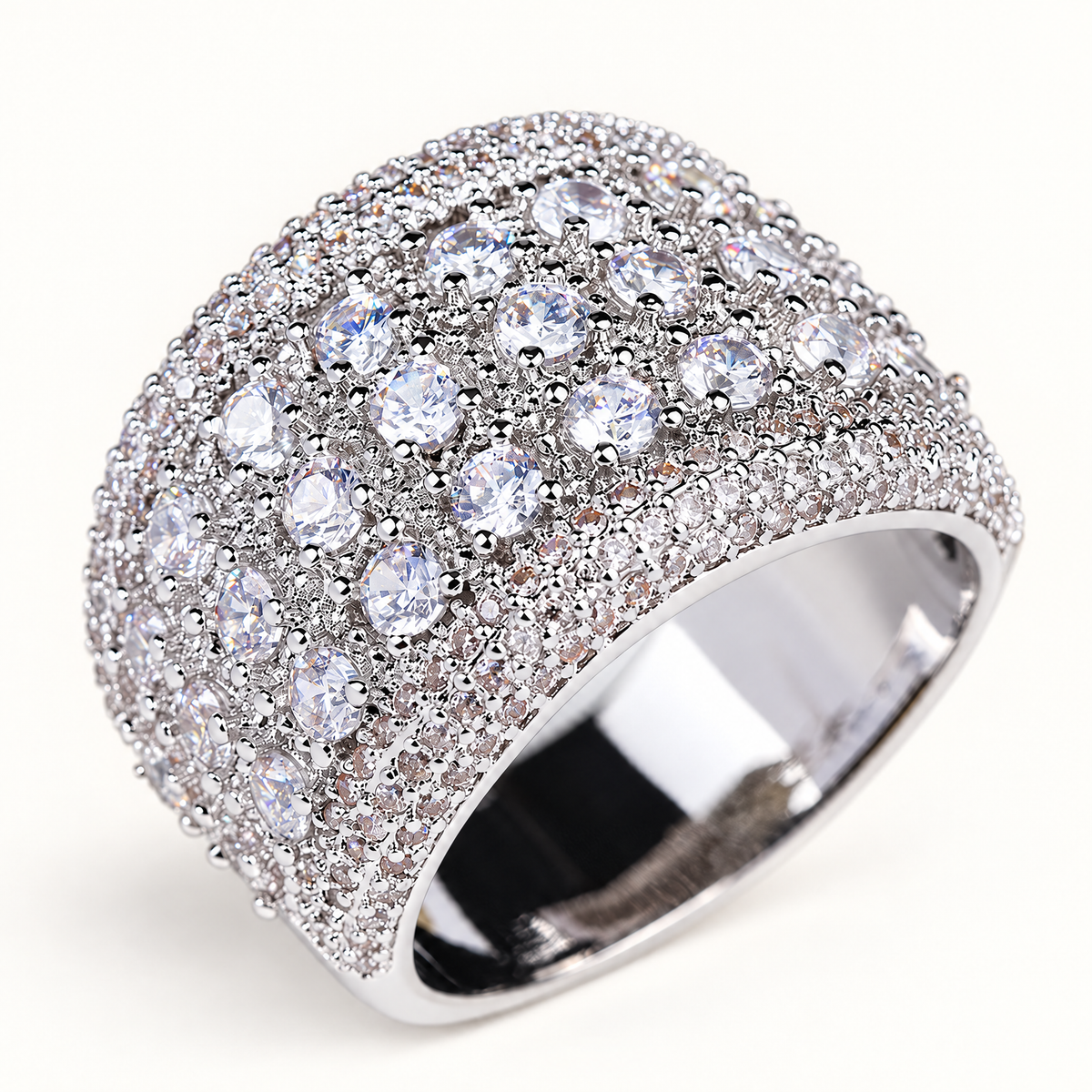 The Solis Dome Ring — macro three-quarter pavé view; AI-enhanced supplier view