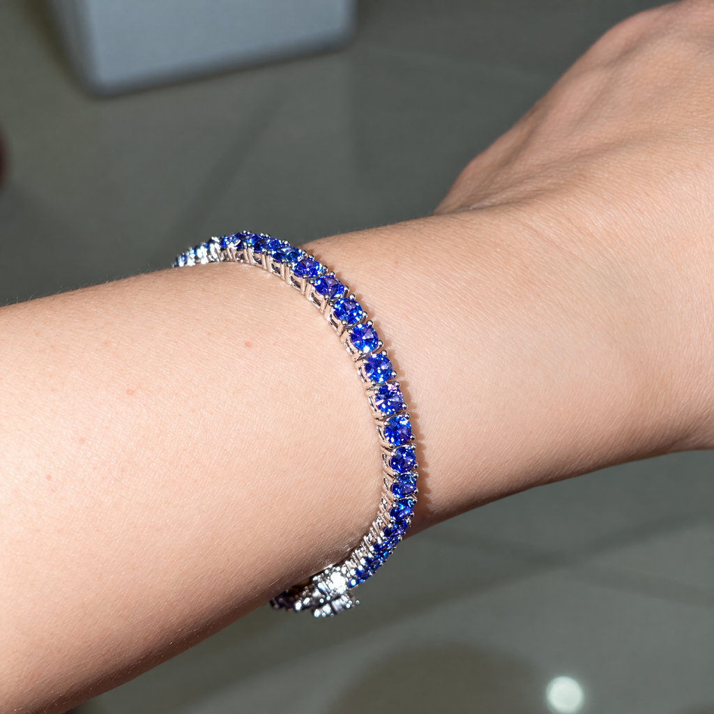 The Orla Tennis Bracelet — On-wrist side profile from supplier rotation video; AI-enhanced supplier view
