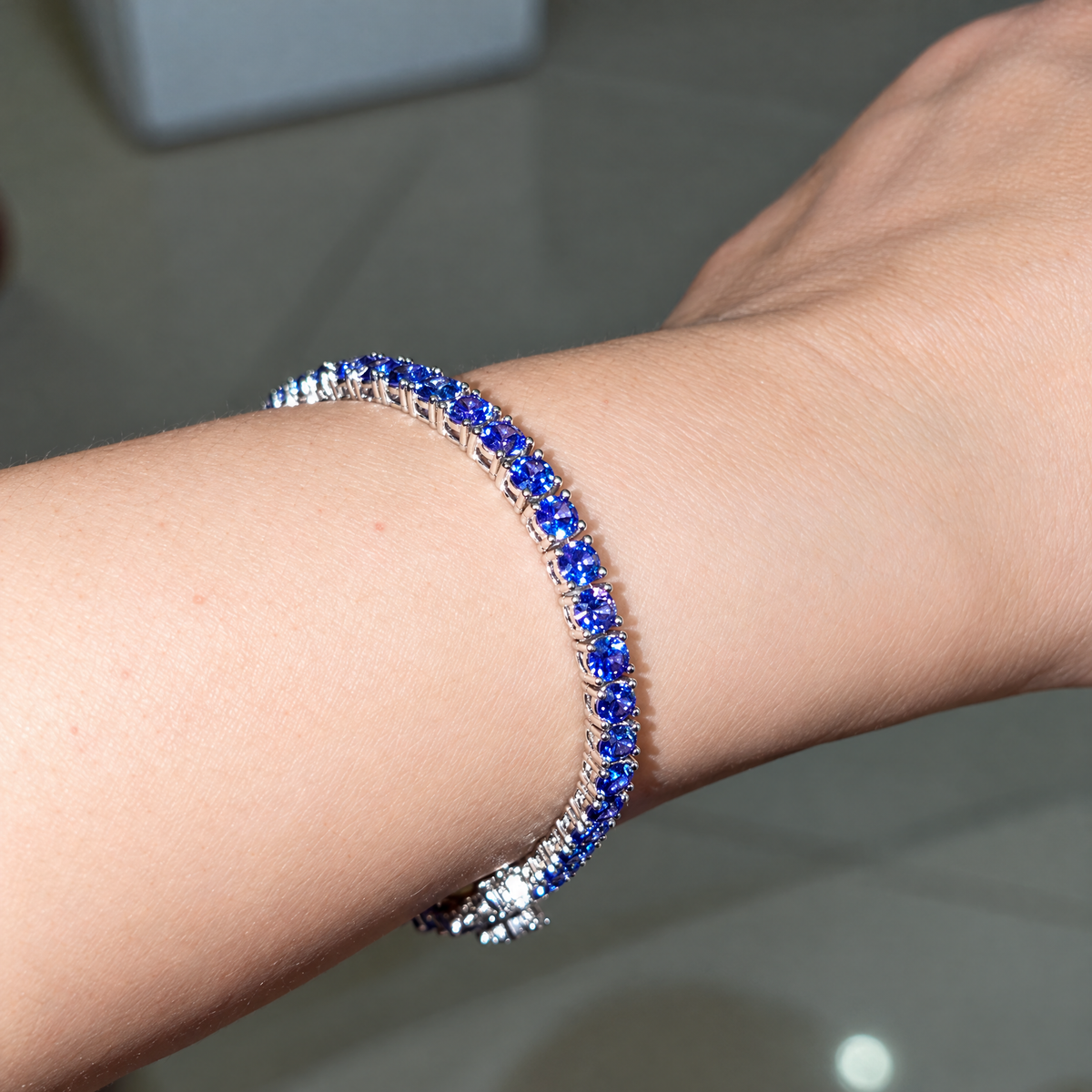 The Orla Tennis Bracelet — On-wrist side profile from supplier rotation video; AI-enhanced supplier view