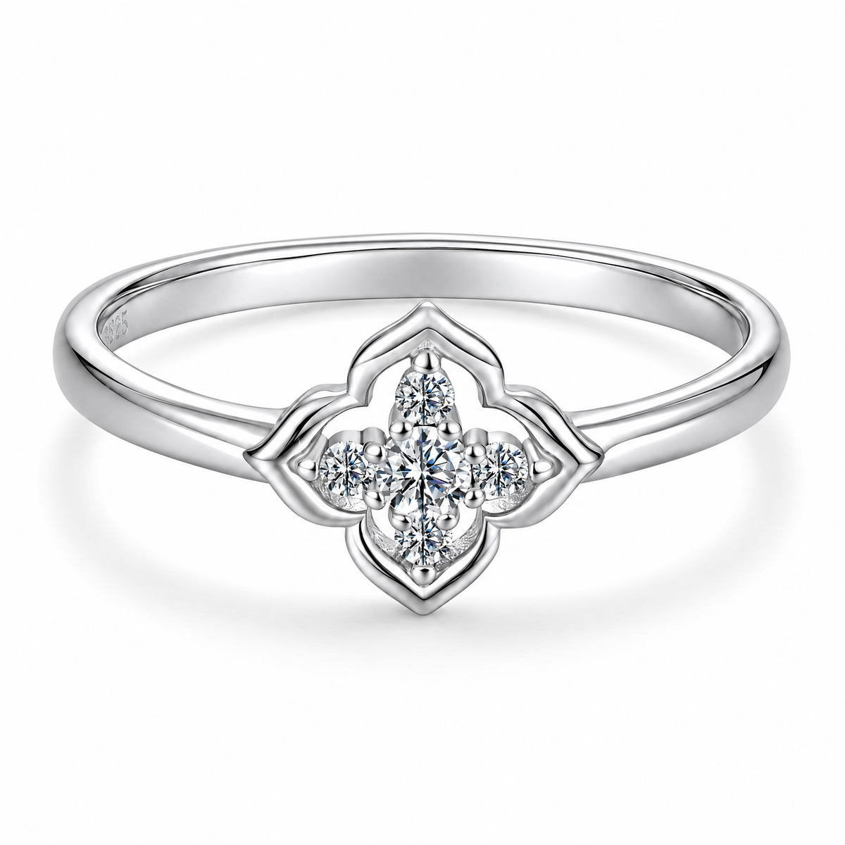 Clean white studio macro derivative of the four-lobed quatrefoil moissanite ring, preserving the front source angle and visible inner-band S925 hallmark.