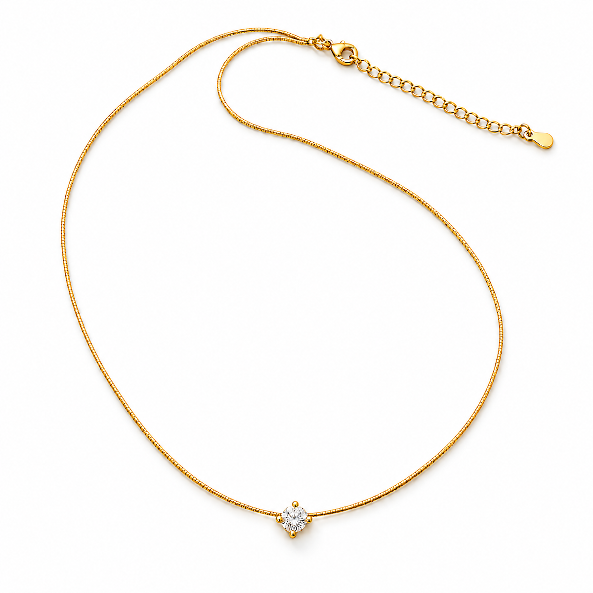 The Halcyon Round CZ Pendant — full gold necklace flat lay with documented clasp and extender in a white studio treatment; reference-based AI visualization.