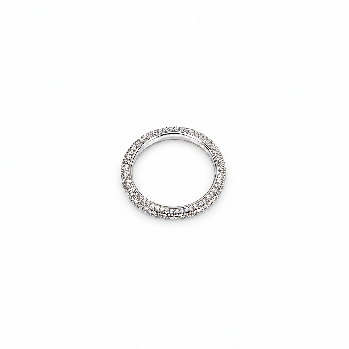 The Klint CZ Pavé Band — top-down rotation view in a seamless white studio with soft shadow; studio edit and AI enhancement of the existing AI-enhanced supplier view.