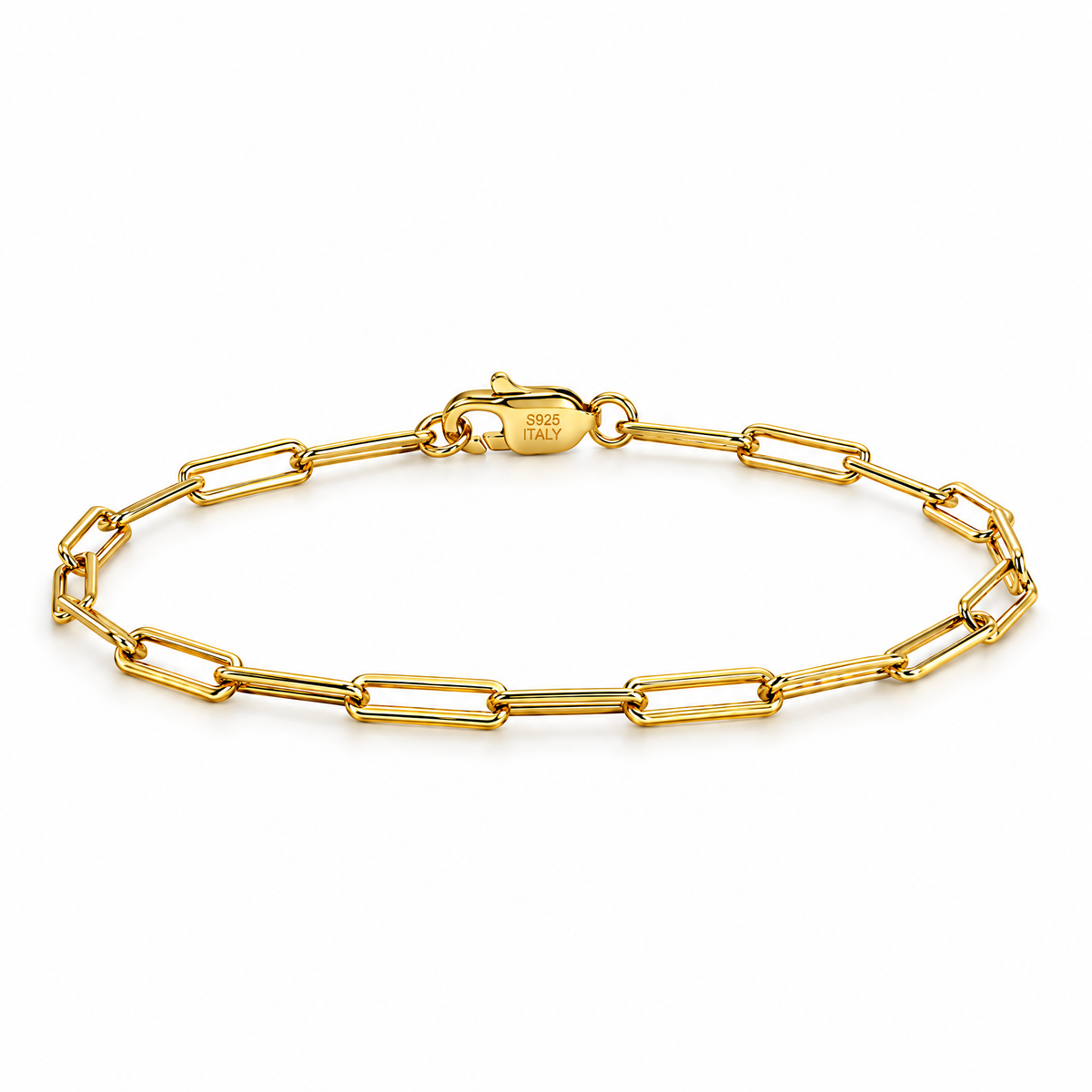 Gold-tone 2.2 mm paperclip bracelet with its visible S925 ITALY clasp, retained in the existing source angle on a seamless white studio background with a soft contact shadow; studio edit and AI enhancement of the existing supplier-source view.