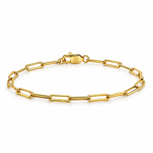 Gold-tone 2.2 mm paperclip bracelet with its visible S925 ITALY clasp, retained in the existing source angle on a seamless white studio background with a soft contact shadow; studio edit and AI enhancement of the existing supplier-source view.
