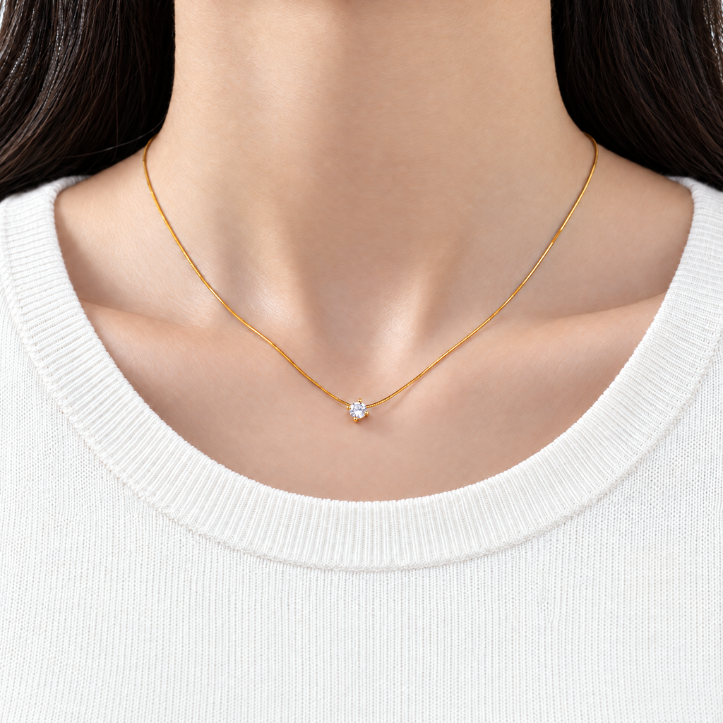 The Halcyon Round CZ Pendant — modest on-body gold pendant coverage in a white studio treatment; reference-based AI visualization.