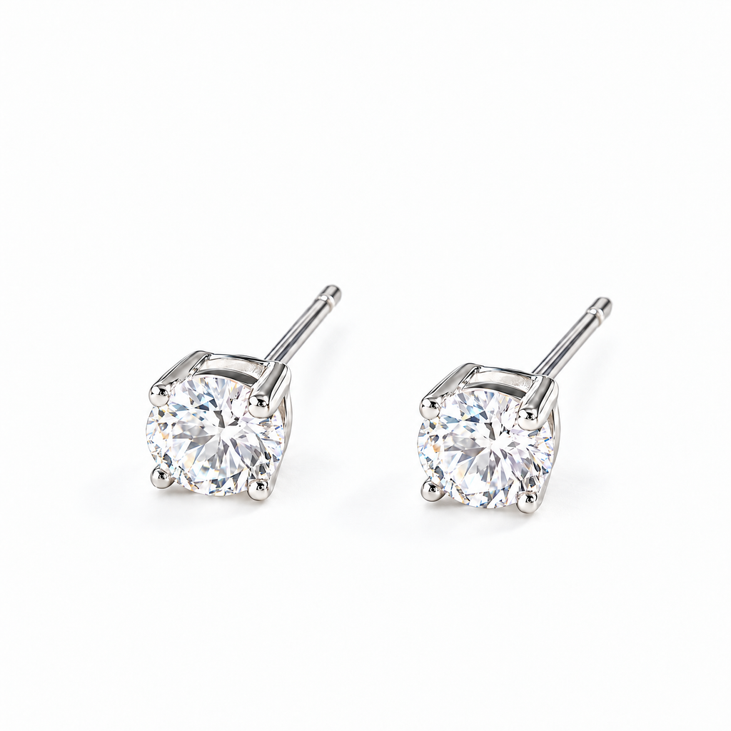 The Neva CZ Stud Earrings — silver-tone three-quarter pair view in a white studio with soft contact shadows; studio edit and AI enhancement of the existing reference-based AI visualization.