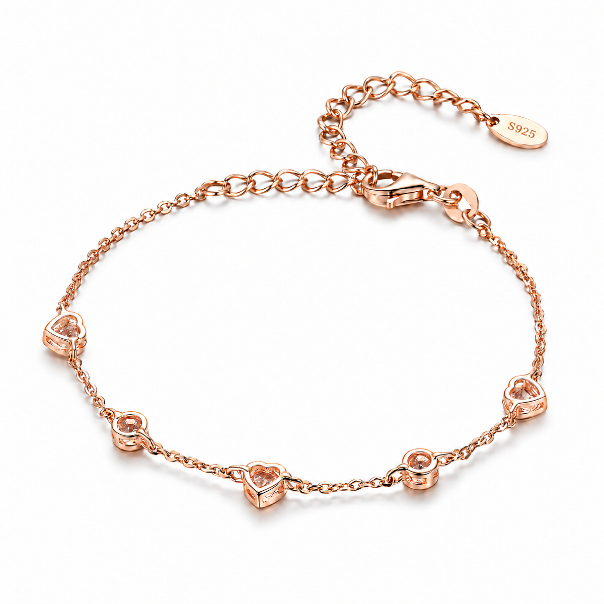 Alternate product view of the Rose Gold Plated 925 sterling silver bracelet, showing pavé CZ heart and round stations, lobster clasp and extension chain on white.