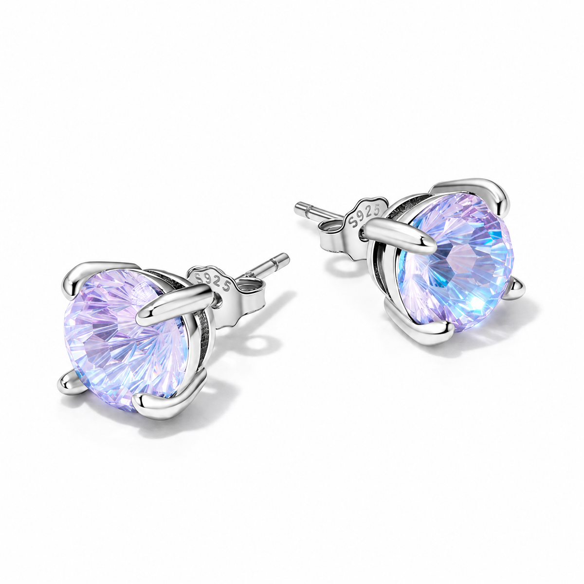 Pair of Purple CZ stud earrings in a product-only back detail on a clean white studio background, showing butterfly backs and posts.