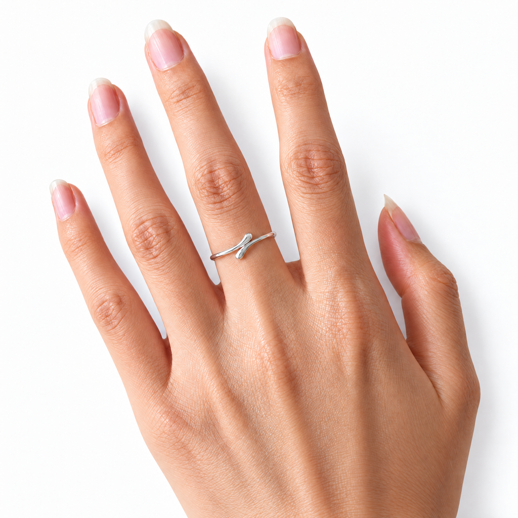 The Nova Open Geometric Band — polished silver-tone on-finger white-studio view with soft natural shadow; inherited reference-based AI visualization, studio edit and enhancement of the existing view.
