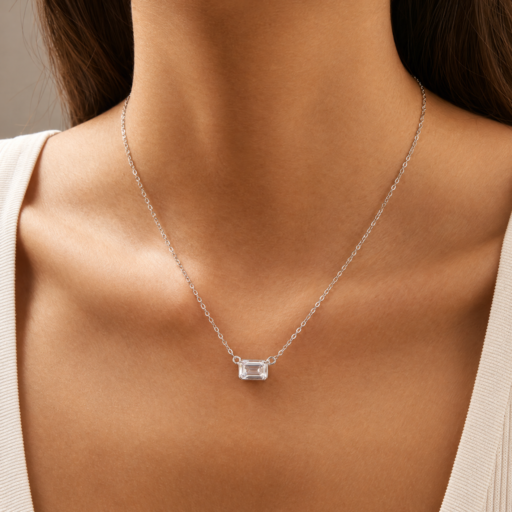 The Mara Geometric CZ Pendant — Single-necklace on-body detail; reference-based AI visualization