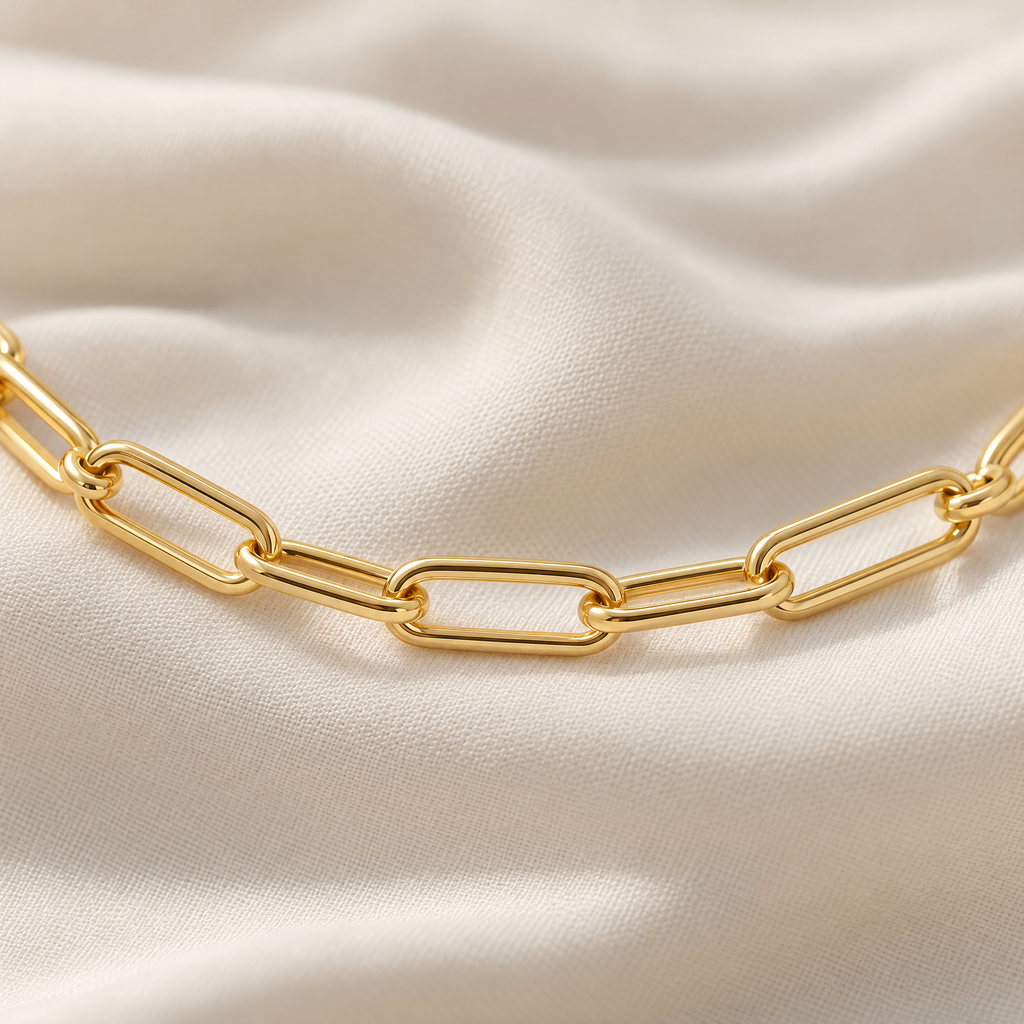 The Linnea Link Bracelet — Gold link macro on cream fabric — reference-based visualization; reference-based AI visualization